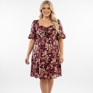 AUW Plus Size 3X Floral Dress Burgundy Pink Puff Sleeve Ruched Front Boho NWT